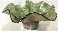 Northwood Green "Peacock Tail" Carnival Glass Bowl