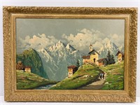 Mid Century Alpine Village Landscape Painting