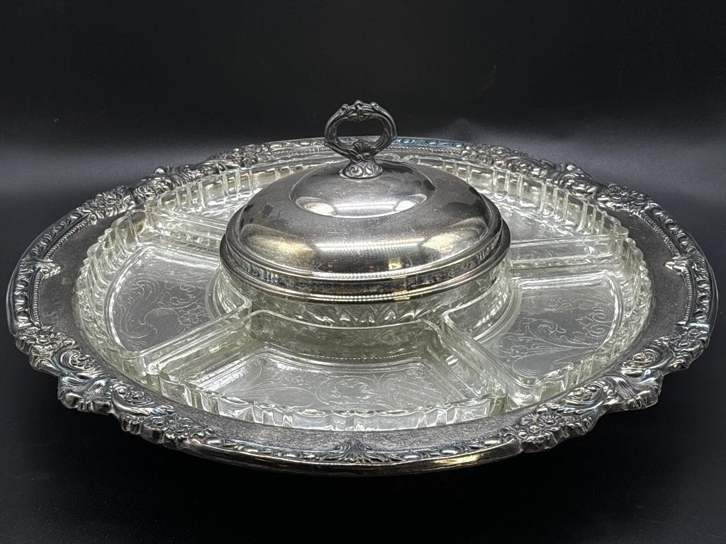 Lazy Susan Relish Platter with Glass Inserts and