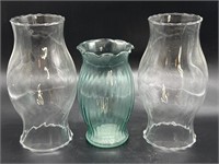 Blue Glass Vase 6.25” and (2) Glass Globes 8.5”