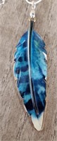Golden Blue Enameled Metal Feather Necklace