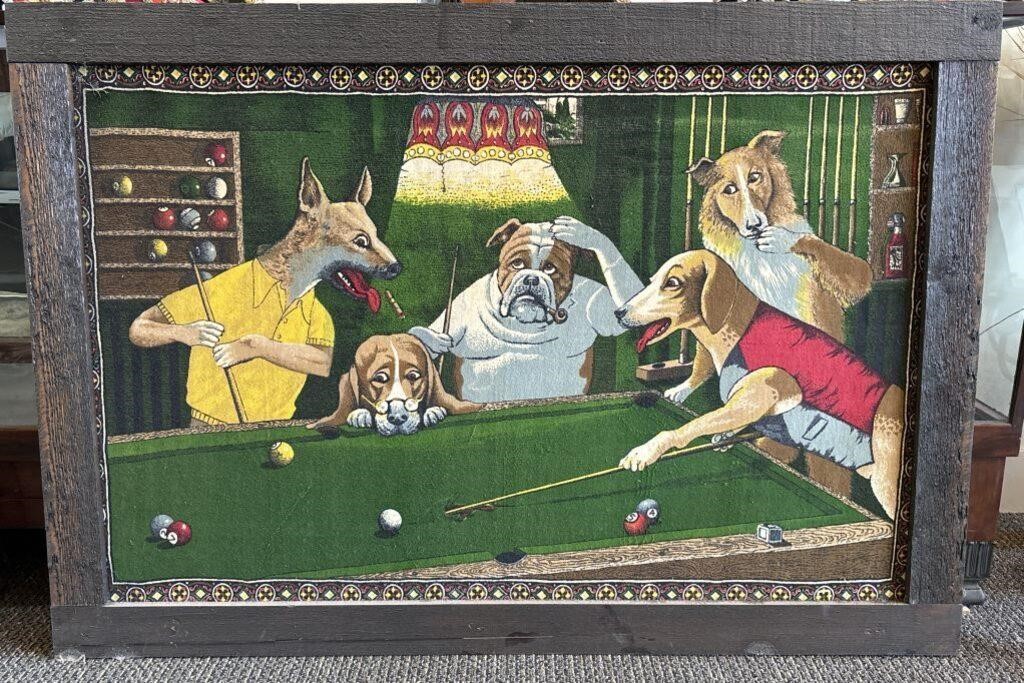 Dogs Playing Pool Tapestry with Wood Frame