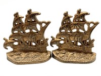 English Galleon Ship Painted Cast Iron Book Ends