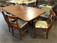 Antique Drop Leaf Wood Dining Table and (6)