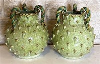 Italian Pottery Pair of Green Vase Planters 12”
