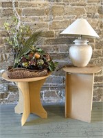 Round Particle Board Tables, Lamp, and Vases with