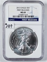 2013  $1 Silver Eagle   NGC MS-69  early release
