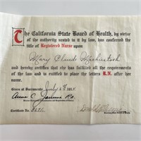 1914 California Board of Health Signed Registered