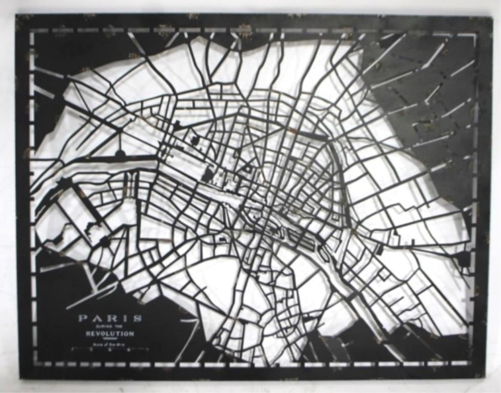 Laser cut metal map of Paris, 34 x 44