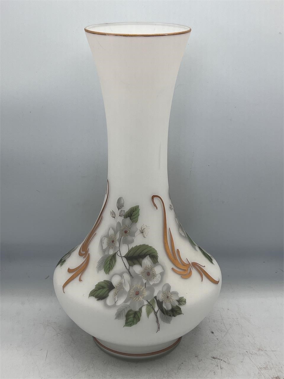 Vintage Frosted White Glass Vase Dogwood Flowers
