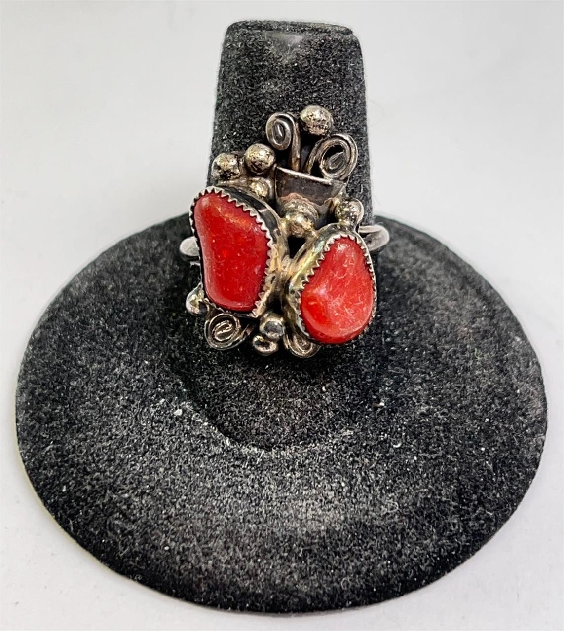 Native Signed Sterling Coral Ring 6 Grams Size 7.5