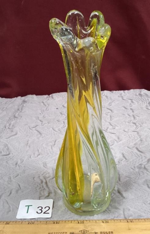 Vintage Ground Bottom Yellow Art Glass Vase