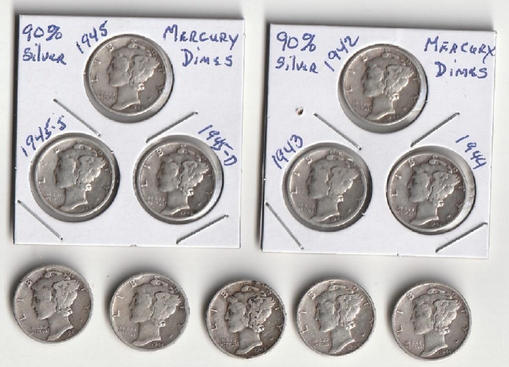 Eleven- 90% Silver Mercury Dimes