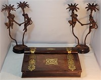 Asian Lap Desk W/Pair Chimp Metal Candle Holders