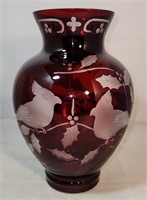 Large Vintage Ruby Flash Cut To Clear Vase