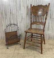 Vintage Pressed Back Chair & Wicker/Iron Rack