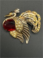 Gorgeous peacock and red stone brooch