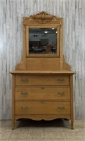 Antique Oak Three Drawer Dresser & Mirror