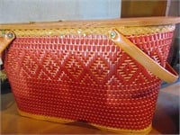 Red Wicker Picnic Basket with Some Dishes