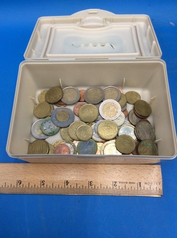 Plastic Box Full of Foreign Coins