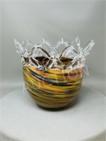 art glass vase - open weaver top - 9" wide
