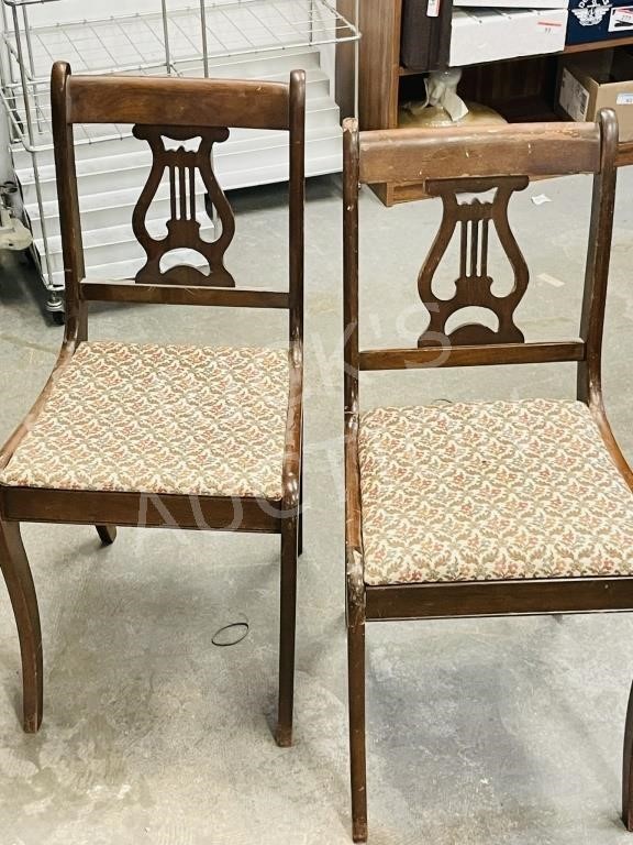 pair of vintage dining room chairs w/ lyre backs