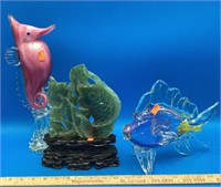 Art Glass Fish & Seahorse, Jade Fish Statue w/