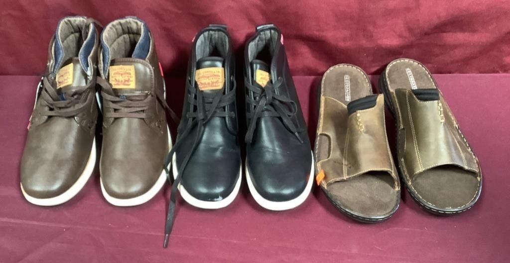 2 Pairs Levi Shoes: Brown 8.5, Black 9.5, Sandals