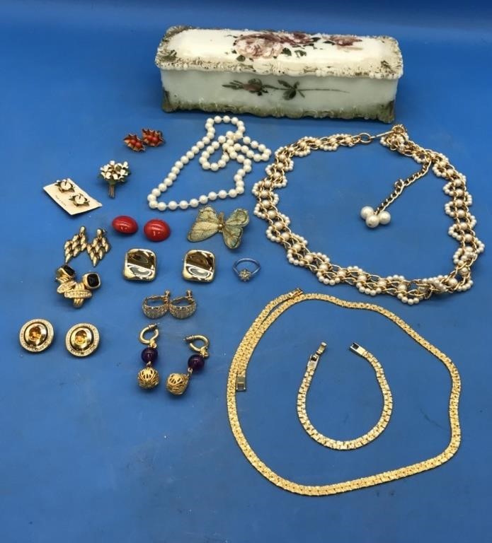 Victorian Glass Dresser Box & Vintage Jewelry