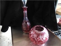 Red Cut Crystal Decanter and Vase with small chip