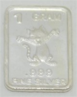 1 gram Silver Ingot - Surprise Cat, .999 Fine