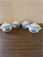 4 vintage blue hearts stoneware bean bean pots