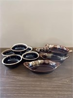 4 brown drip oval bowls 3 marked USA and 5 brown