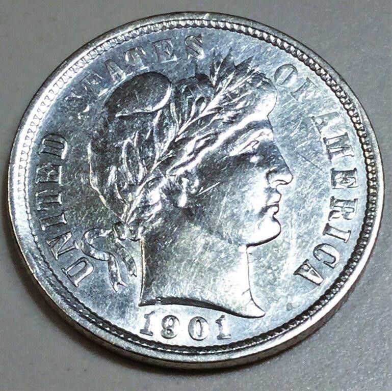 1901 Barber Dime Almost Uncirculated
