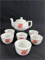 Lot Of Vintage Red Dragon Teapot With 6 Teacups