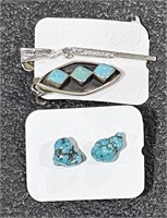Turquoise Stone Earrings, 2 Tie Clips