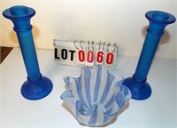 pair blue glass candle sticks & hand blown bowl