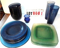 blue plates, green plates, 7 cobalt bowls,