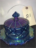 VTG WESTMORELAND BLUE CARNIVAL GLASS CHEESE DISH