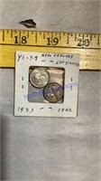 2- New Zealand 3 pence coins, 1933 & 1942