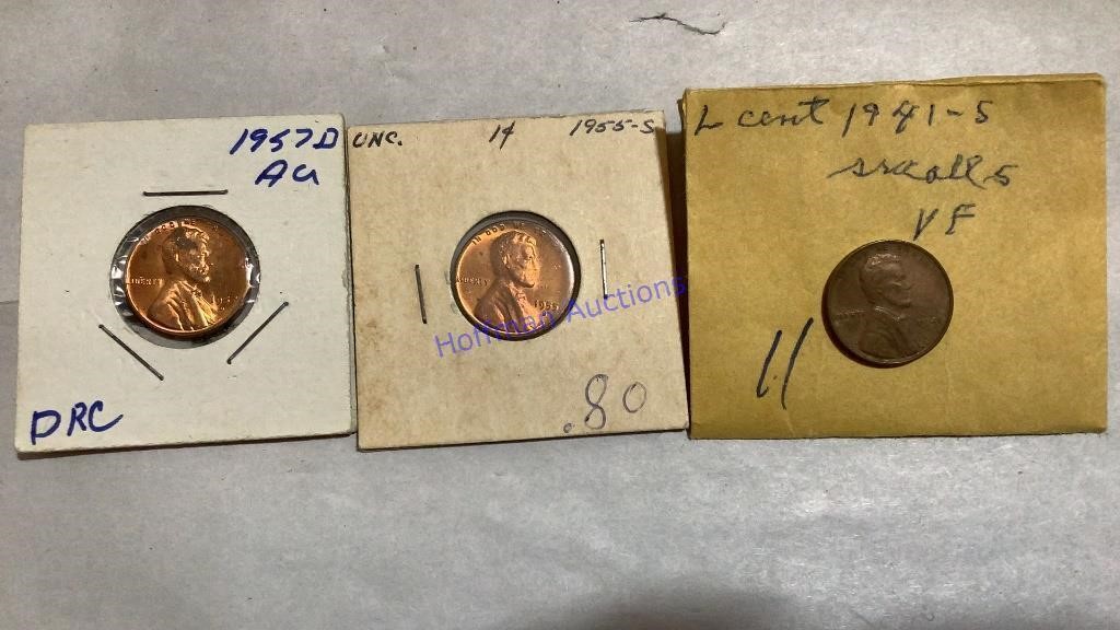 3 old pennies, 1941S, 1955 S, 1957 D, key dates