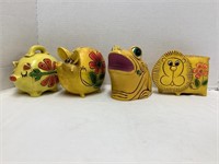 Four Yellow Animal Coin Banks with Floral Pattern