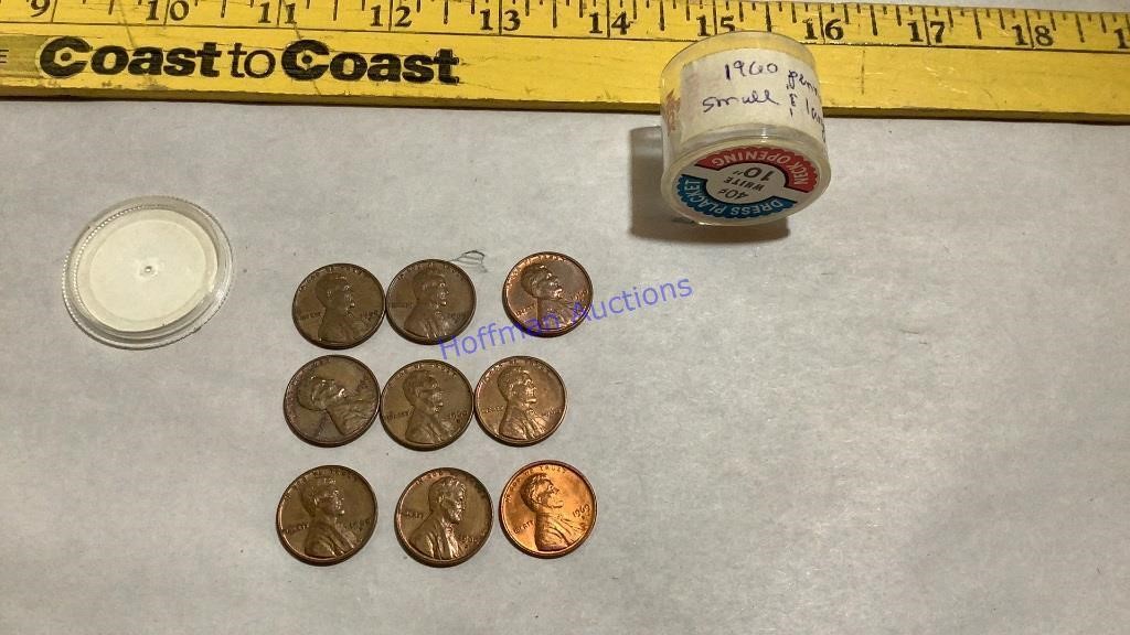 9- 1960’s pennies, Large & small dates