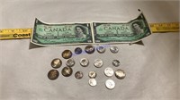 Canadian currency and silver coins