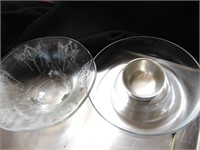 Two Glass Bowls and a Small Silver Bowl