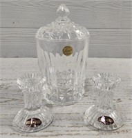 (2) Crystal Candle Holders & Crystal Jar