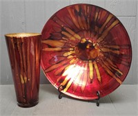 Red & Gold Color Vase and Bowl w/ Stand