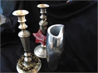 Two Tall Pewter Candlesticks & Vintage Metal Vase