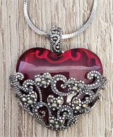 Sterling Silver Marcasite Red Heart Pendant