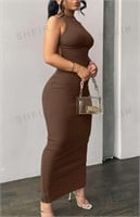 Solid Ribbed Knit Halter Neck Bodycon Dress-S